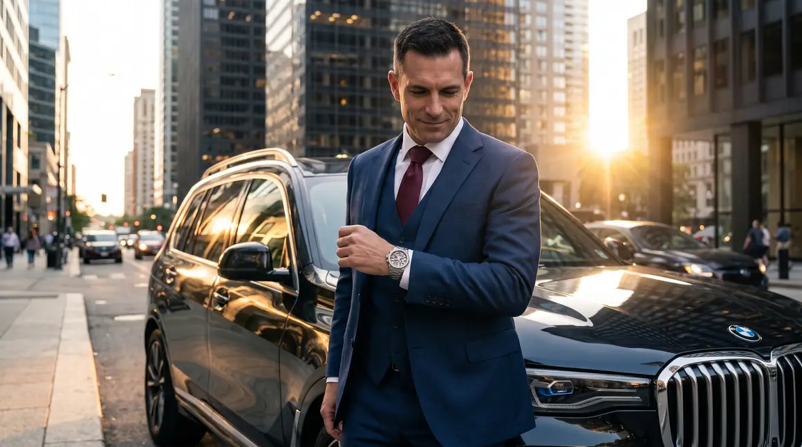 Мужчина в деловом костюме на утренней городской улице