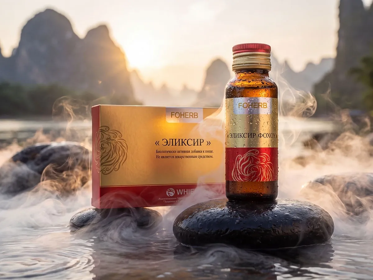 Флакон и коробка Эликсира Фохоу у воды: на этикетке флакона нарисован феникс